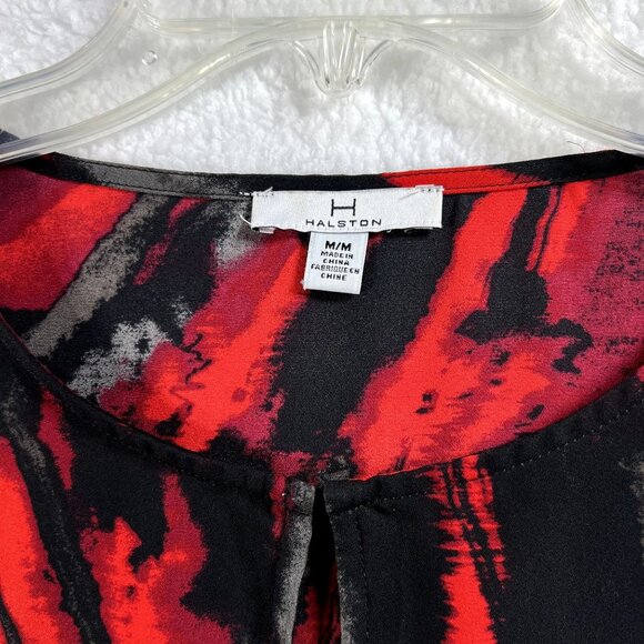 Halston Women M Red Black Abstract Witchy Long Bell Sleeve Fairy Blouse Boho Top - Picture 7 of 10